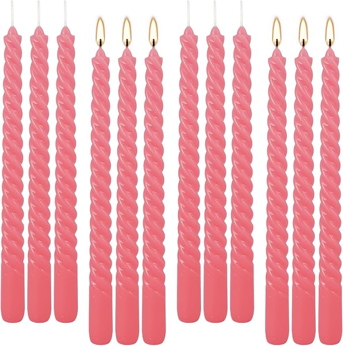 12-Pack Pink Spiral Taper Candles – 10 Inch Elegant Dripless & 10-Hour Burn – Long-Lasting Decorative Candles for Weddings, Birthdays, Parties, Church, Home Decor & Romantic Dinners