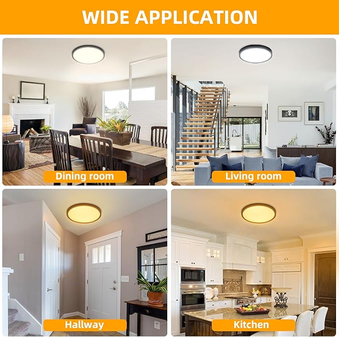 Hlite 4pack 12 inch Flush Mount LED Ceiling Light Fixture,24W 2400LM Super Slim Light Fixtures Ceiling Mount 3000K/4000K/5000K 3CCT Selectable,Ceiling Light Fixtures for Kitchen,Bedroom (Black)