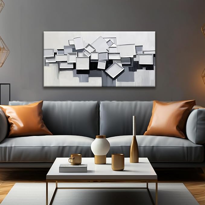 Grey And White Abstract Wall Art Minimalist Wall Art Geometric Color Block Canvas Artwork Paintings Canvas Art Wall Decor Modern Bedroom Art Office Artwork 20"X 40" Ready To Hang