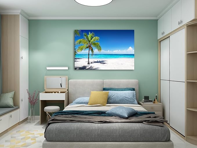 Baisuart-S03969 Large Canvas Wall Art Summer Ocean Waves Prints Coconut Trees on Sands Beach Seascape Painting Sea Nature Pictures Framed for Living Room Home Office Wall Decor Artwork