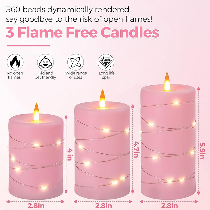 Rose Pink Flameless Candles with String Lights Battery Operated Flickering LED Pillar Candles 4‘’ 5‘’ 6‘’ Candle with Remote Control, Set of 3