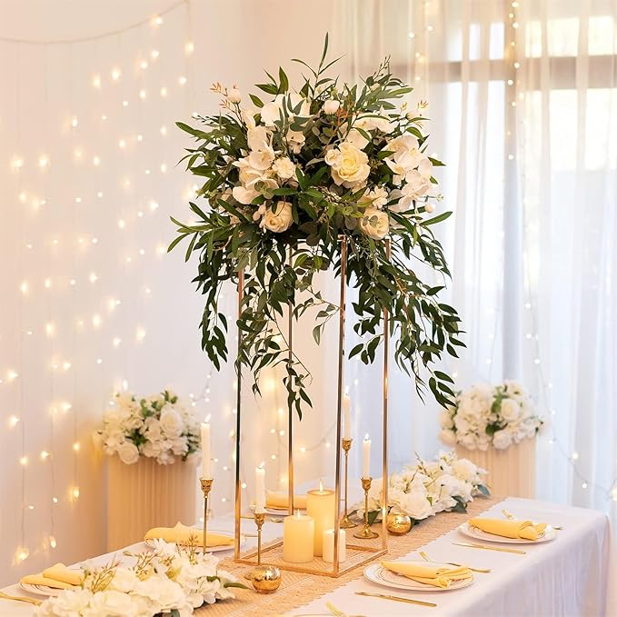 Sziqiqi Floor Vase Table Centerpieces for Reception - 10 Pcs Metal Column Geometric Flower Stand with Plates 31.5in Gold Tall Flower Display Rack Decorations for T-Stage Wedding Party Event