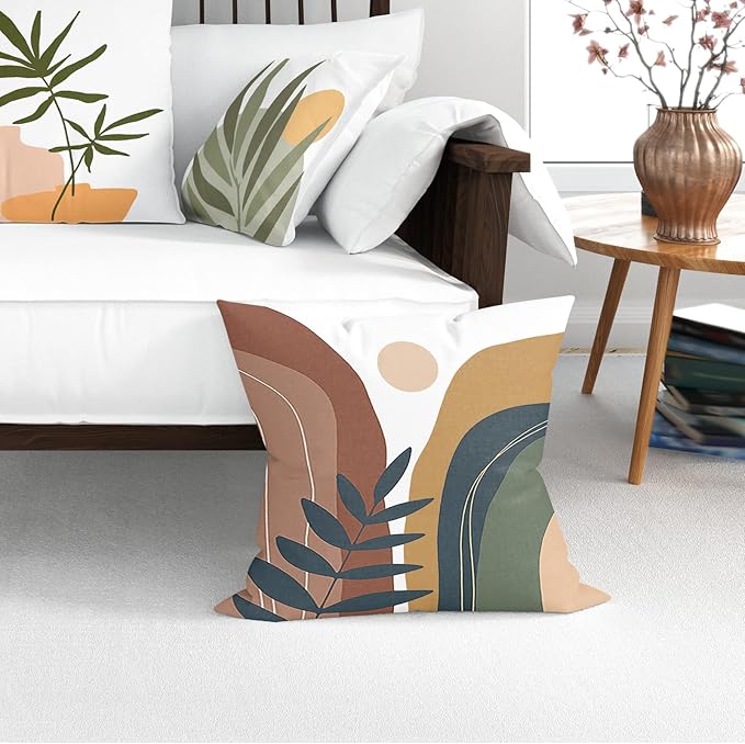 COMMINY Abstract Boho Pillow Covers 16x16 Set of 6 Decorative Sunset Leaves Throw Pillow Cover for Couch Minimalist Modern Pillow Case for Living Room Sofa Home Decor