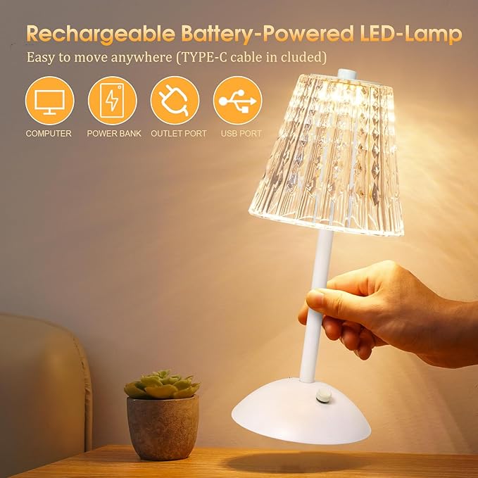 Cordless Touch Table Lamp, LED Rechargeable Small Dask Lamp, 3 Colors Dimmable Battery Operated Crysta Lamp for Bedroom Restaurant Kitchen Home Decor, White