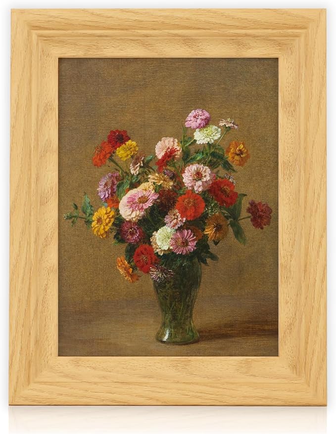 Brivoria Framed Canvas Wall Art Vintage Decor, Classical Autumn Floral Still Life with Colorful Zinnias in Green Vase and Warm Rustic Tones for Kitchen Entryway Bookshelf or Tabletop Fall Display,8x10
