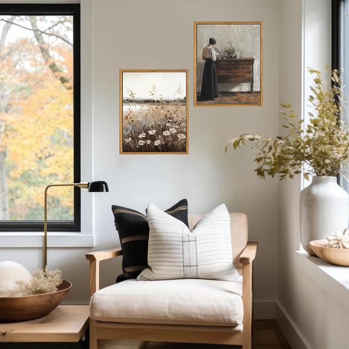 KBKBART Vintage Wall Art Framed, Retro Countryside Autumn Wildflower Field Landscape Canvas Painting Farmhouse Decor Wall Art, Rustic Fall Landscape Bathroom Wall Decor for Bedroom Living Room,