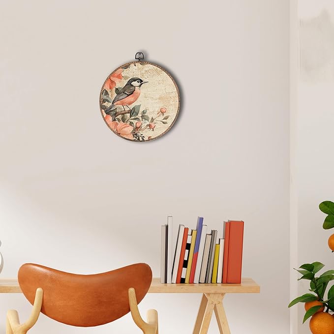 Tzhim Vintage Floral Sparrow Bird Round Wall Art, Rustic Pink Rose Bird Round Wall Decor Framed, Cottagecore Farmhouse Canvas Walls Sculptures for Home Room Decor, 10x10 Inch
