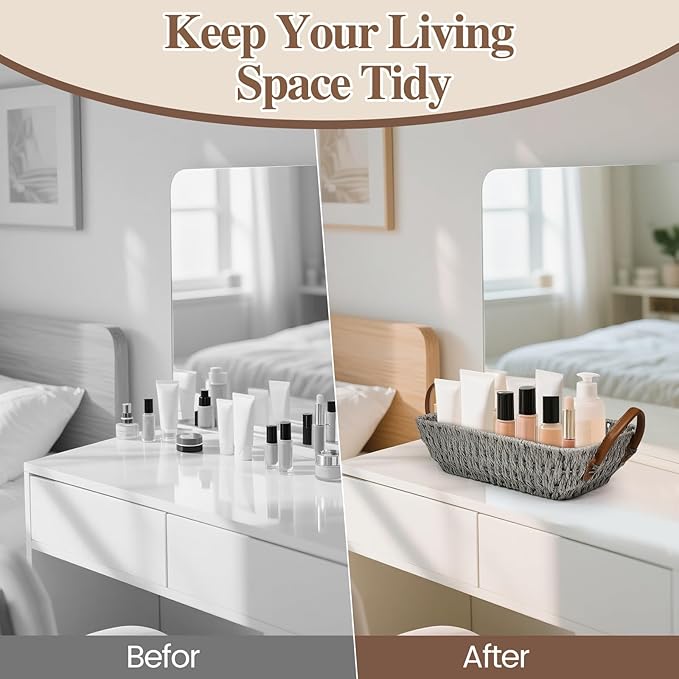 Paper Rope Woven Toilet Paper Basket, Small Wicker Storage Baskets for Organizing with Handles, Bedroom Decor Baskets Toilet Tank Shelf Storage Bins (Set of 2, Grey)