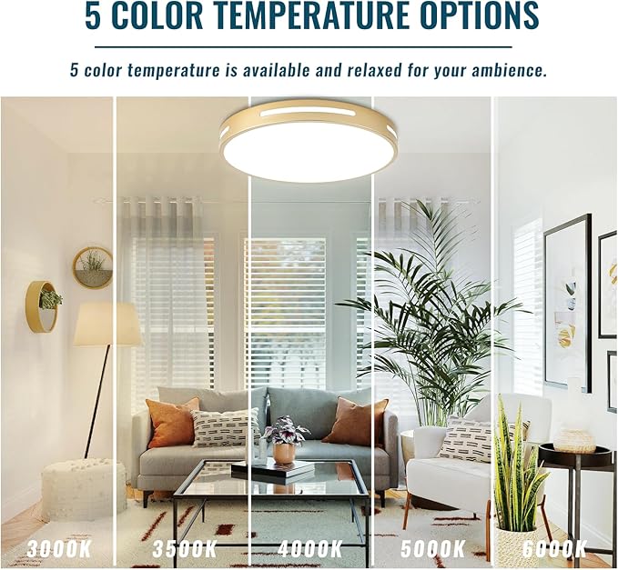 Gold Ceiling Light Flush Mount LED, 36W 15 inch Kitchen Light Fixture Ceiling Mount Dimmable,Modern Close to Ceiling Light Fixture 5CCT for Bedroom, Bathroom,Living Room