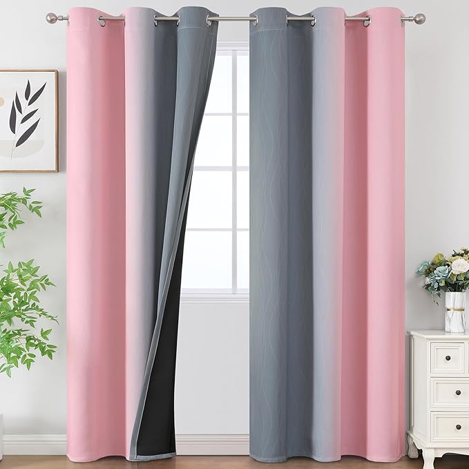 Pink and Grey Blackout Curtains 84 inches Long,Ombre Full Room Darkening Window Curtains for Living Room,Grommet Thermal Insulated Drapes,Light Blocking Curtains for Girls Bedroom,42x84 Inch, 2 Panels
