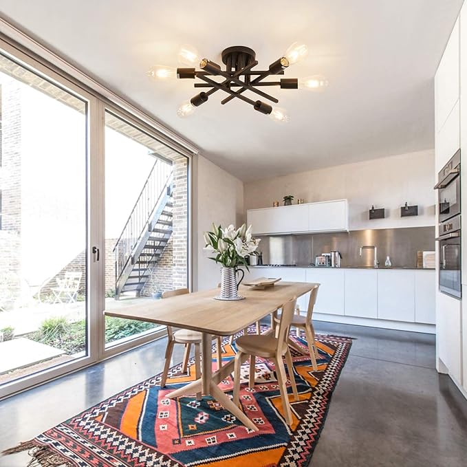 ASGYISA Semi Flush Mount Modern Ceiling Light Fixture, 6 Lights Black Vintage Matte Sputnik Chandelier Ceiling Lamp with E26 Bulb Base for Farmhouse Dining Room Living Room Bedroom Study Kitchen