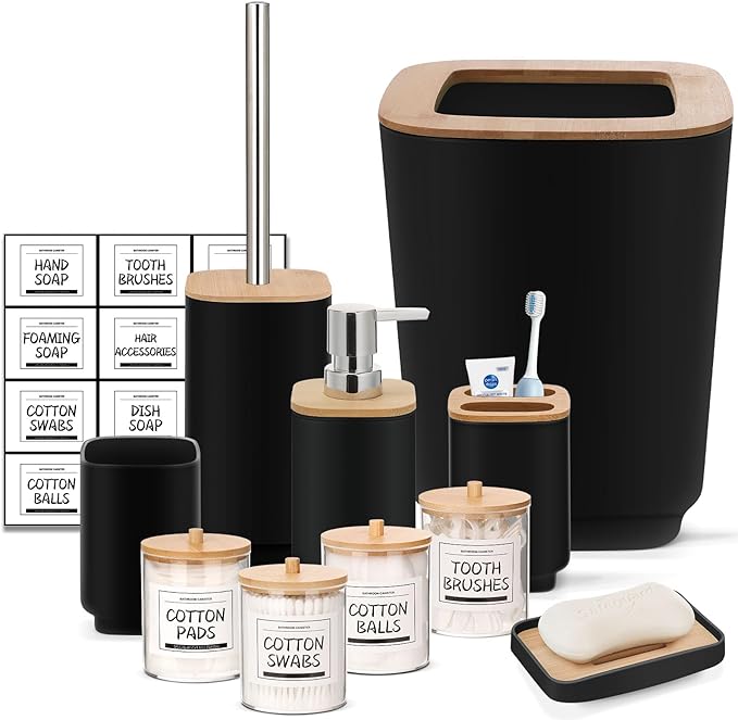 IMAVO Bathroom Accessories Set,Black Bathroom Set,11 Pieces Bathroom Accessory Set,Trash Can for Bathroom Accessories Décor and Housewarming Gifts