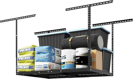 FLEXIMOUNTS 3x4 Overhead Garage Storage Rack, Adjustable Organization System, Heavy-Duty Metal Ceiling Racks, 275lbs Weight Capacity, Black