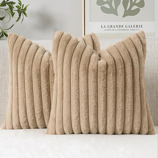 MIULEE Faux Fur Decorative Throw Pillow Covers 20x20 Inch Set of 2, Modern Spring Home Decor Soft Plush Couch Pillows Cozy Fluffy Cushion Covers for Sofa Khaki