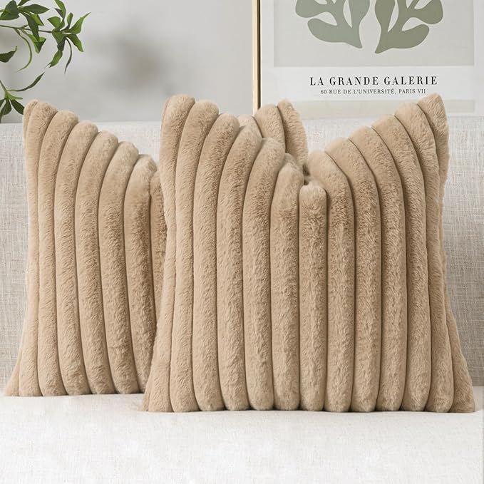MIULEE Faux Fur Large Decorative Throw Pillow Covers 24x24 Inch Set of 2, Modern Spring Home Decor Soft Plush Couch Pillows Cozy Fluffy Cushion Covers for Sofa Khaki