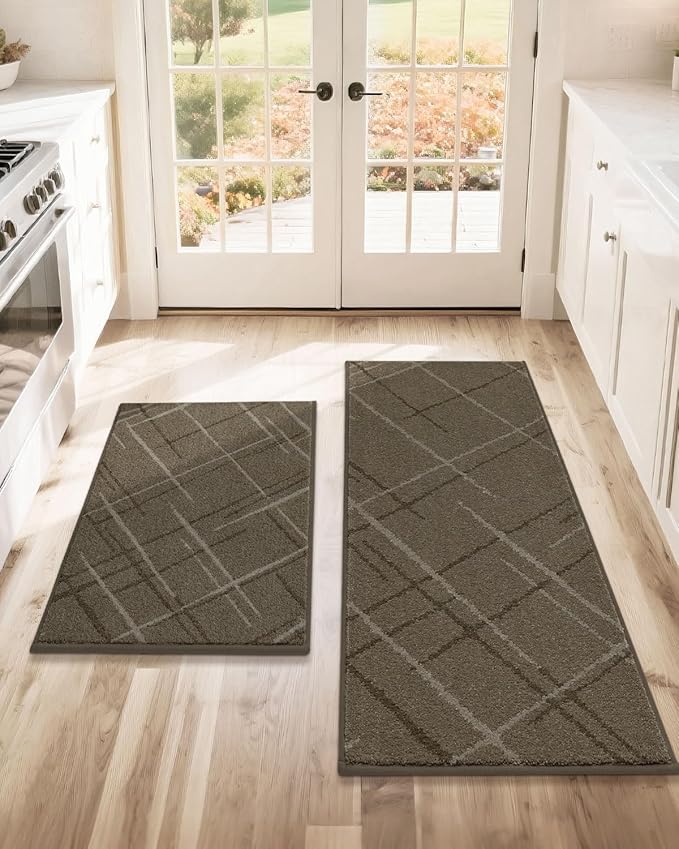 COSY HOMEER Kitchen Mats, 2 PCS Kitchen Rug Non Slip Washable, Absorbent Runner Rugs for Kitchen Floor, Polyester Kitchen Sink Rug 20"x32" + 20"x48"(Brown)