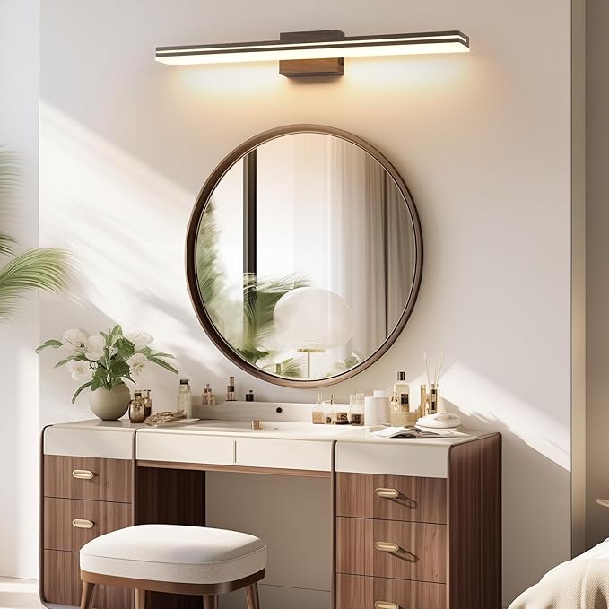 SineRise LED Modern Bathroom Vanity Light Fixtures (40-Inch, 3000K/4000K/6000K, Dimmable), Brown Wood Painted Modern Acrylic Bathroom Wall Lighting Fixtures Over Mirror