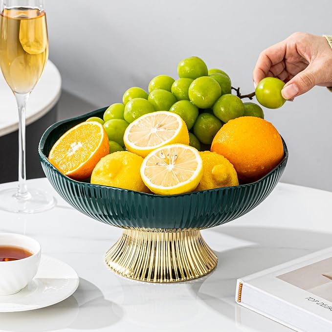 Ceramic Fruit Bowl,10” Pedestal Bowl, Decorated Fruit Tray for Kitchen Counter and Dining Table, Footed Bowls for Afternoon Tea Parties, Bread and Salad Bowl with Golden Feet. (green)