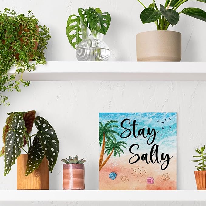 Summer Decor Stay Salty Wood Block Sign Home Beach House Desk Table Shelf Decoration