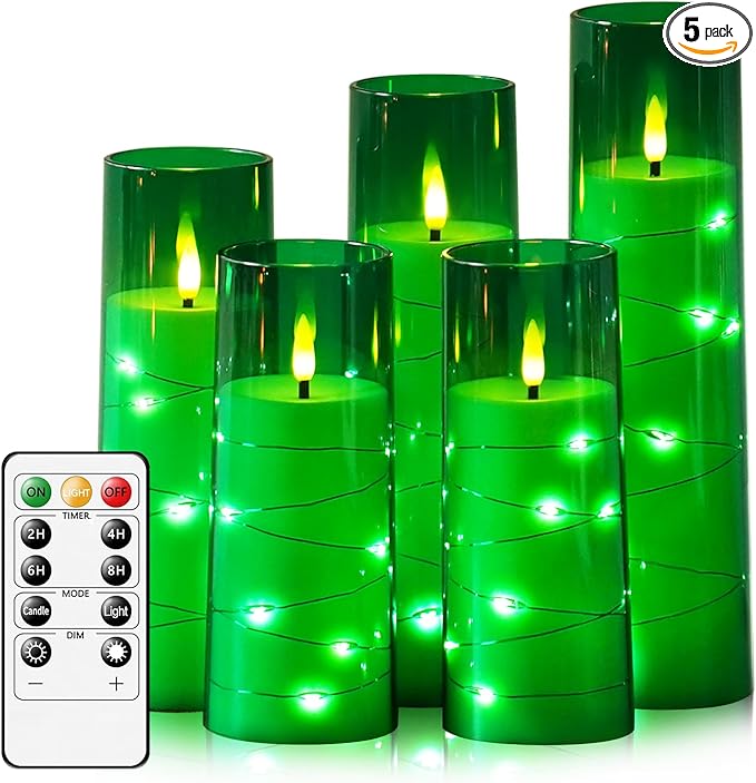 Flameless LED Candles with Timer 5 Pc Flickering Flameless Candles for Romantic Ambiance and Home Decoration Stable Acrylic Shell,with Embedded Star String,Battery Operated Candles(Green)