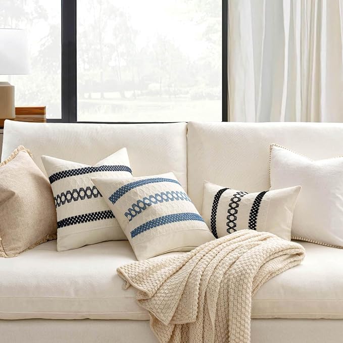 MIULEE Set of 2 Navy Blue Boho Decorative Pillow Covers 18x18 Inch Farmhouse Rustic Couch Throw Pillows Modern Spring Cotton Cushion Covers Retro Cute Macrame Woven Home Decor for Bed Sofa Chair