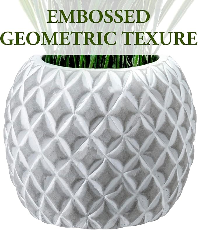 MyGift Artificial Green Grass Plant in Modern Round Gray Concrete Pot with Embossed Diamond Pattern, Tabletop Faux Greenery Decor Potted in Decorative Planter