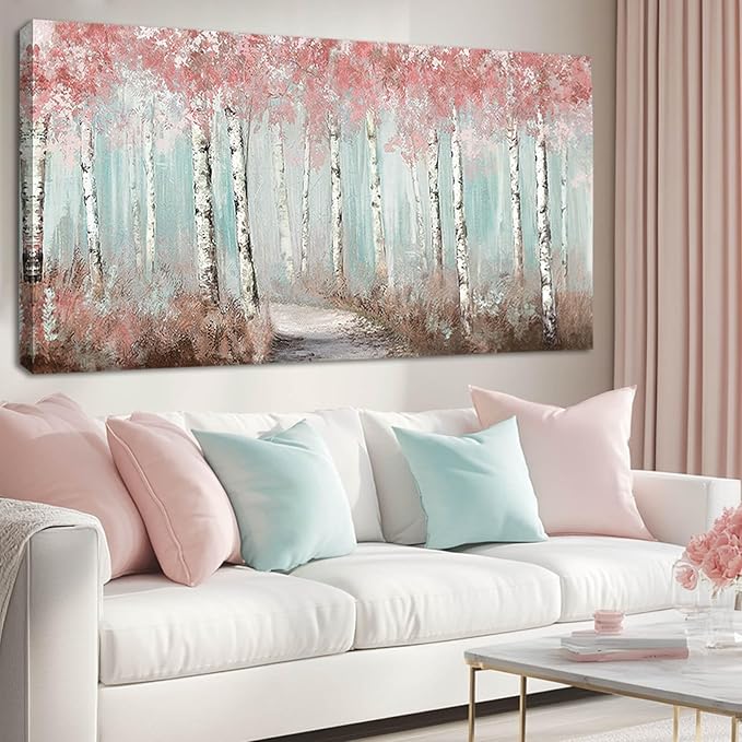 Wall Decor Pink Tree Painting Art Prints for Living Room Large Size Framed for Home Office Bedroom Wall Decor 29"x 58" Ready to Hang