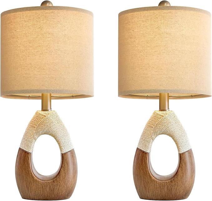 OYEARS Boho Table Lamps Bedroom Living Room Set 2,Suitable for Small Space,Farmhouse RattanTable Lamp 19”Rustic Egg Design Resin Light Decoration,Nightstand Bedside Lamps for Office Study Rest