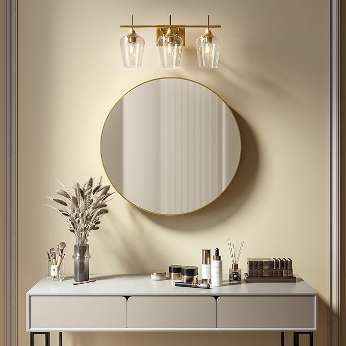 VONLUCE Bathroom Vanity Light, 3 Light Bathroom Light Fixture Over Mirror, Bathroom Wall Lamp with Clear Glass, Modern Gold Vanity Lighting fixtures for Bathroom, Bedroom, Hallway