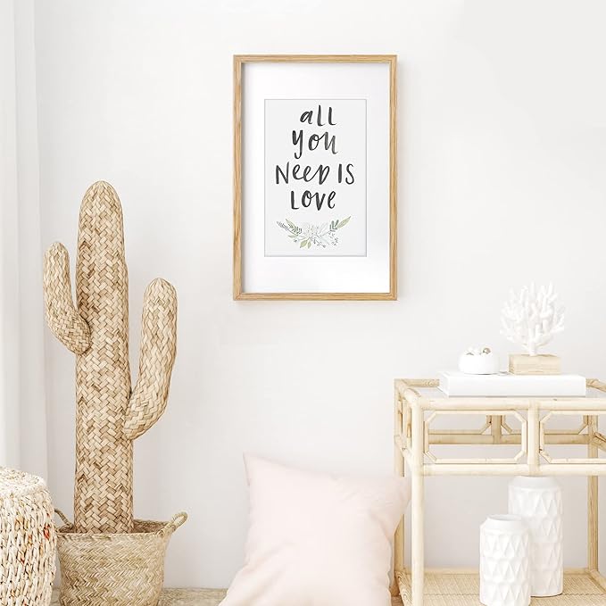 11x17 Picture Frame, Solid Oak Wood 11"x17" Picture Frames, 11 x 17 Poster Frame for Wall, 11x17 Wood Photo Frame - 8x12 with Mat, Tempered Real Glass (Beige Oak Color, 1 Pack)