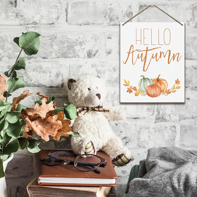 Hello Autumn Sign Autumn Thanksgiving Fall Decor Rustic Wood Sign Wall Decor Welcome Fall Quotes for Home Farmhouse Bedroom Bathroom Seasonal Harvest Decorative Wooden Wall Hanging Decor Plaque