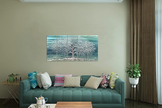 Yihui Arts Large Metal Wall Art Handcrafted Aesthetic Tree Pictures on Aluminum 5 Panels Teal and Silver Abstract Landscpae Artwork for Living Room Bedroom Dinning Decor