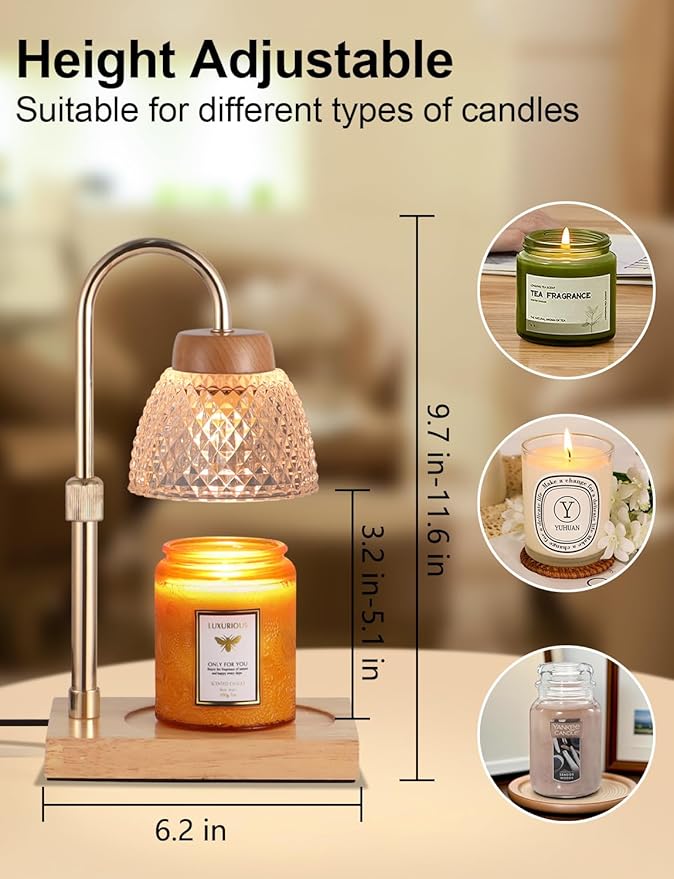 Dimmable Candle Warmer Lamp with Timer, Electric Wax Melt Warmer for Jar Scented Candles Adjustable Height, Mothers Day Birthday Gifts for Women Mom Grandma Home Offices Decor, with 2 Bulbs(Gold)