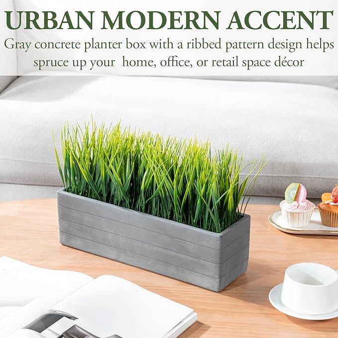 MyGift 14 Inch Artificial Green Grass Plants in Ribbed Dark Gray Concrete Rectangle Planters, Tabletop Faux Greenery in Rectangular Cement Pot Centerpiece Décor