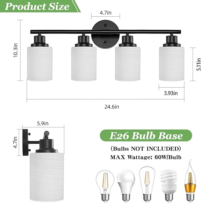 4-Light Matte Black Vanity Lights for Mirror, Bathroom Light Fixtures with Milky White Frosted Striped Glass Shade, Modern Kitchen Light Fixtures Wall Sconce Light - E26 Base