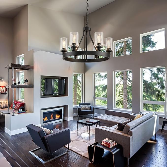 D24'' Black Wagon Wheel Chandelier, 6-Light Black Round Farmhouse Chandeliers, Dining Room Light Fixtures Industrial Hanging Lights for Kitchen Island, Living Room, Bedroom, Entryway, Foyer