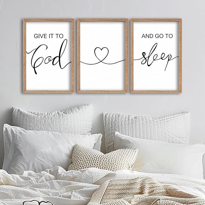 SRSZHIYUE Give It To God And Go to Sleep Set of 3 Wall Decor 16"x11" for Master Bedroom Above Bed Sign Guest Room Decoration (Wood)