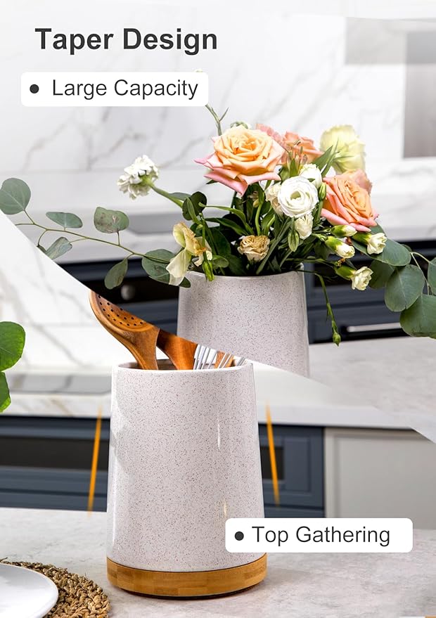 Nucookery 360° Rotating Utensils Holder, 8.2" Extra High Large Ceramic Kitchen Utensil Holder with Countertop-Protection Cork Bottom, Farmhouse Kitchen Decor for Counter (Sand)