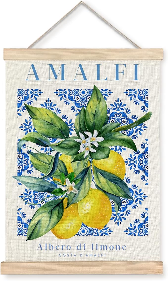 Yomisex Italian Amalfi Coast Lemon Wall Art Poster, Blue and White Floral Mediterranean Tiles Lemons Tree Canvas Prints Wall Art Framed for Home Kitchen Dining Room Decor, 12x16 Inch