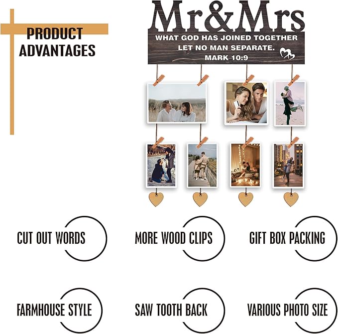 Yudarte Mr & Mrs Bedroom Decor for Couples - Wall Picture Hanging Collage Board with Clips and Twine 13.5x5.5 Inches - Religious Marriage Gifts for Couple - What God Has Joined Together Mark 10:9