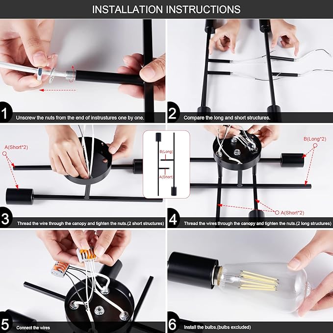 Sputnik Chandeliers, Modern Semi Flush Mount Ceiling Light with E26 Base, Mid Century Industrial Kitchen Farmhouse Light Fixtures for Bedroom Living Room (Black, Ceiling 4 Lights)