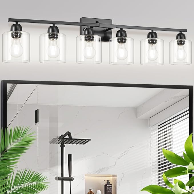 6 Light Black Bathroom Vanity Light, Vanity Lighting Fixtures with Clear Glass,38 inch Black Light Fixture Bathroom for Oversized Mirrors Living Room Bedroom Hallway E26 Base