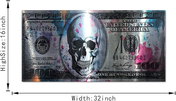 Office Decor Wall Art Canvas Dollar Skull Modern Art Canvas Poster Prints Creative Money 100 Picture Wall Decor Painting Artwork for Home Walls for Living Room Bedroom Framed Ready to Hang-32 Wx16 H