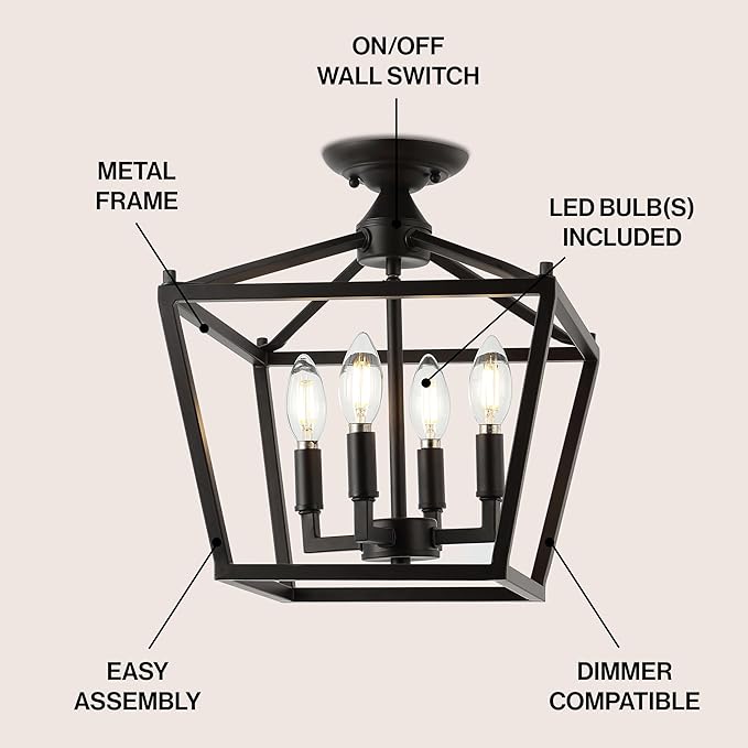 JONATHAN Y JYL7610A Plains Mini Lantern 12" 4-Light Iron Modern Farmhouse LED Flush Mount, Rustic, Industrial, Dimmable, 2700K Cozy Warm Light Kitchen, Hallway, Bathroom, Stairwell, Oil Rubbed Bronze
