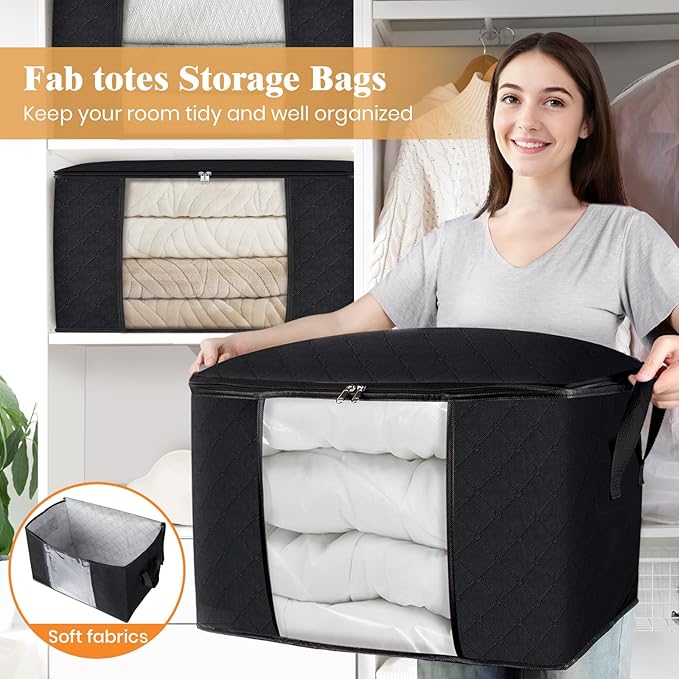 Fab totes 90L Clothes Storage, Foldable Thick Fabric Blanket Storage Bags, Containers for Organizing Bedroom, Closet, Clothing, Comforter, Organization with Handle (10 Pack,Black)