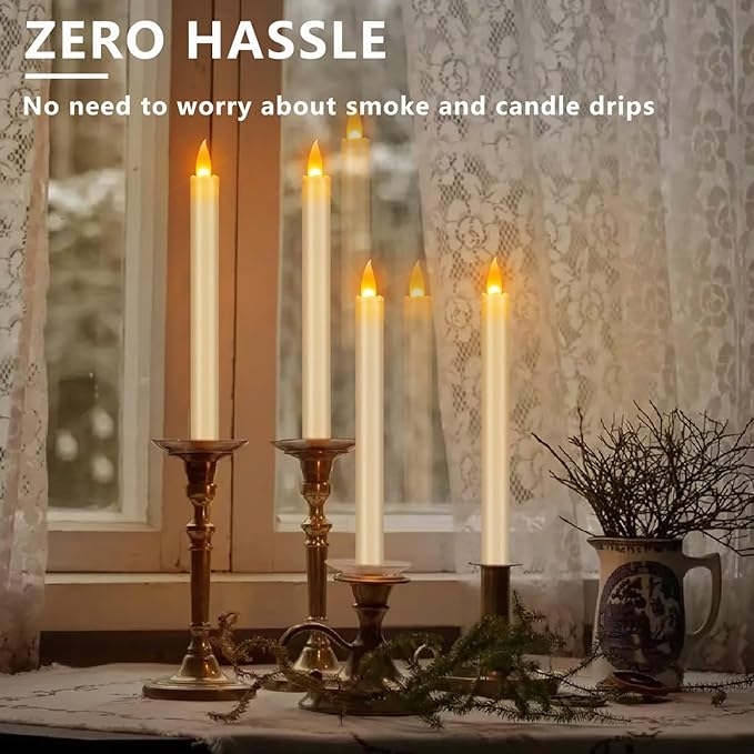 Flameless Taper Candles 10" Dripless Battery Operated with Remote Timer 6 Pack, 400+ Hours by 2 AA Batteries for Home Decor, Candlelight Dinner, Weddings