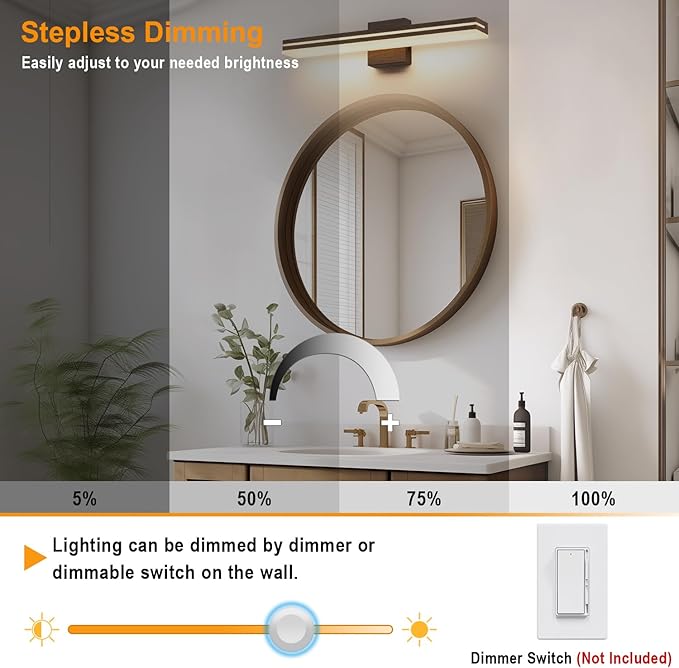 SineRise LED Modern Bathroom Vanity Light Fixtures (24-Inch, 3000K/4000K/6000K, Dimmable), Brown Wood Painted Modern Acrylic Bathroom Wall Lighting Fixtures Over Mirror
