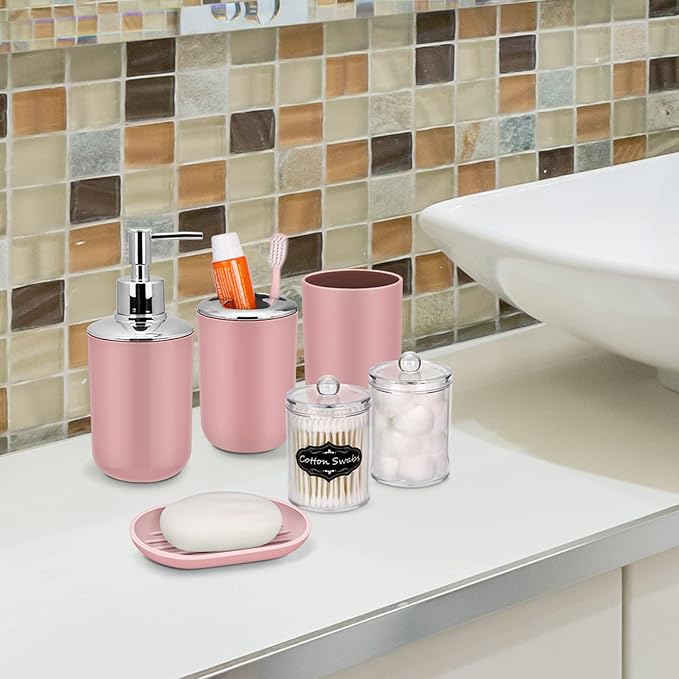 IMAVO Bathroom Accessories Set,Pink Bathroom Set,9 Pieces Bathroom Accessory Set,Tray,Qtip Holders,Toilet Brush,Trash Can for Bathroom Décor and Home Gifts