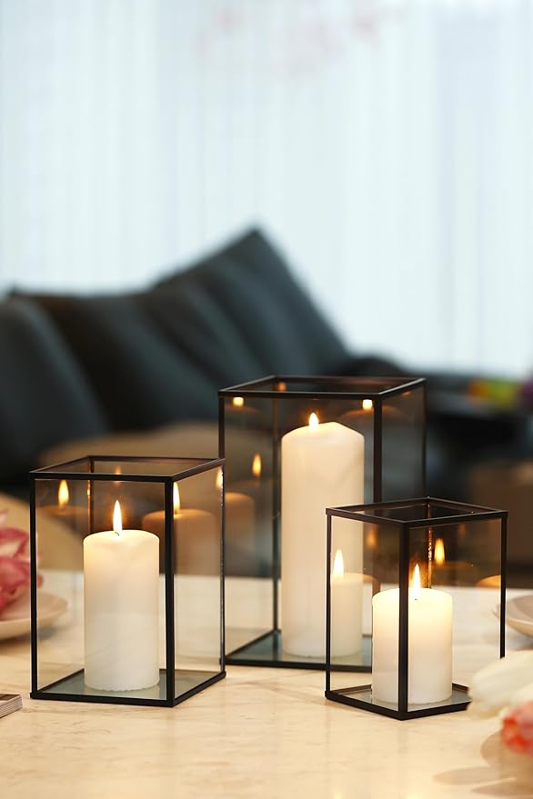 yshengood Hurricane Candle Holder 6 PCS, Black Glass Candle Holder Square Hurricane Candle Centerpieces for Tables Decorativ, Wedding, Thankgiving