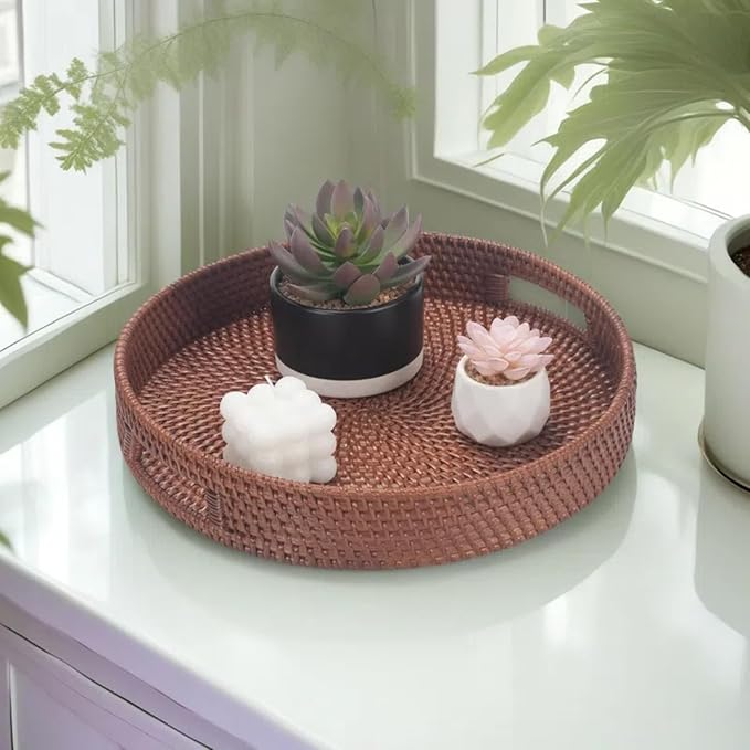13.8 inch Round Rattan Tray, Decorative Coffee Table Tray, Ottoman Trays, Woven Serving Trays with Handles Wicker Serving Basket, Reddish-Brown